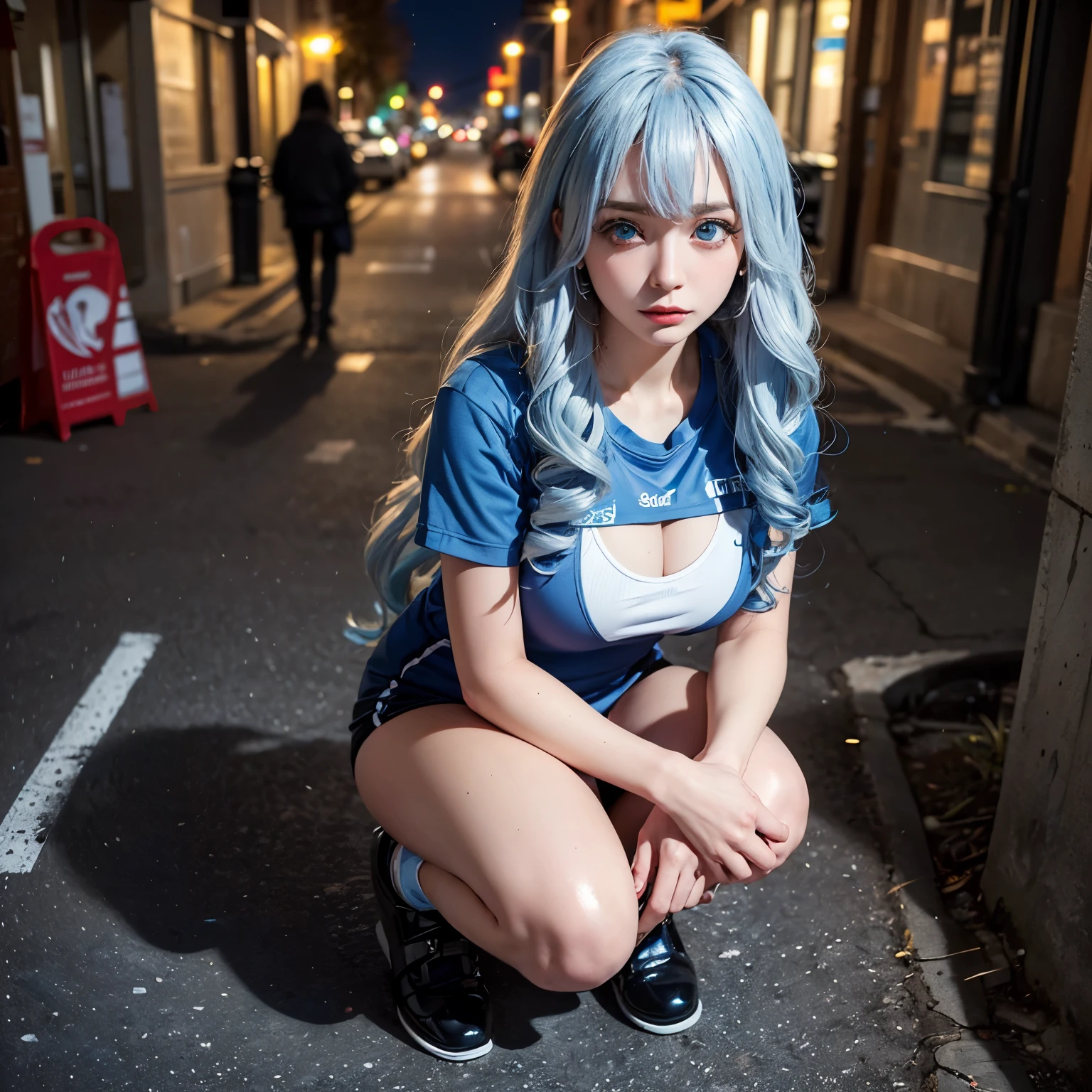 1 Anime Girl, alone,Blue Hair,blue eyes,Black petals flutter, Mysteriously glowing butterfly.city,hatsune miku,鮮やかBlue Hair,Bright blue gemstone eyes,Twin tails,Thin legs,Gloomy cloudy sky,Sad expression,Very clear,Highest quality,rainy city,Street Corner,Are crying,tears,Face close-up,Sit on the water,barefoot,heavy rain,Look to the side