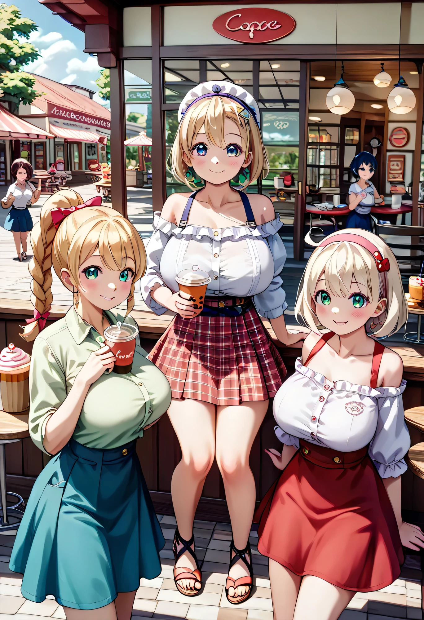 Masterpiece、Highest quality、Super detailed、1 girl、Big Tits、Cleavage、Blonde、Fluffy and soft long hair、Pink bristles、No bra、Cafe、Light of the sun、smile、choker、Pink Lipstick、garter、Lying down、Embarrassed face