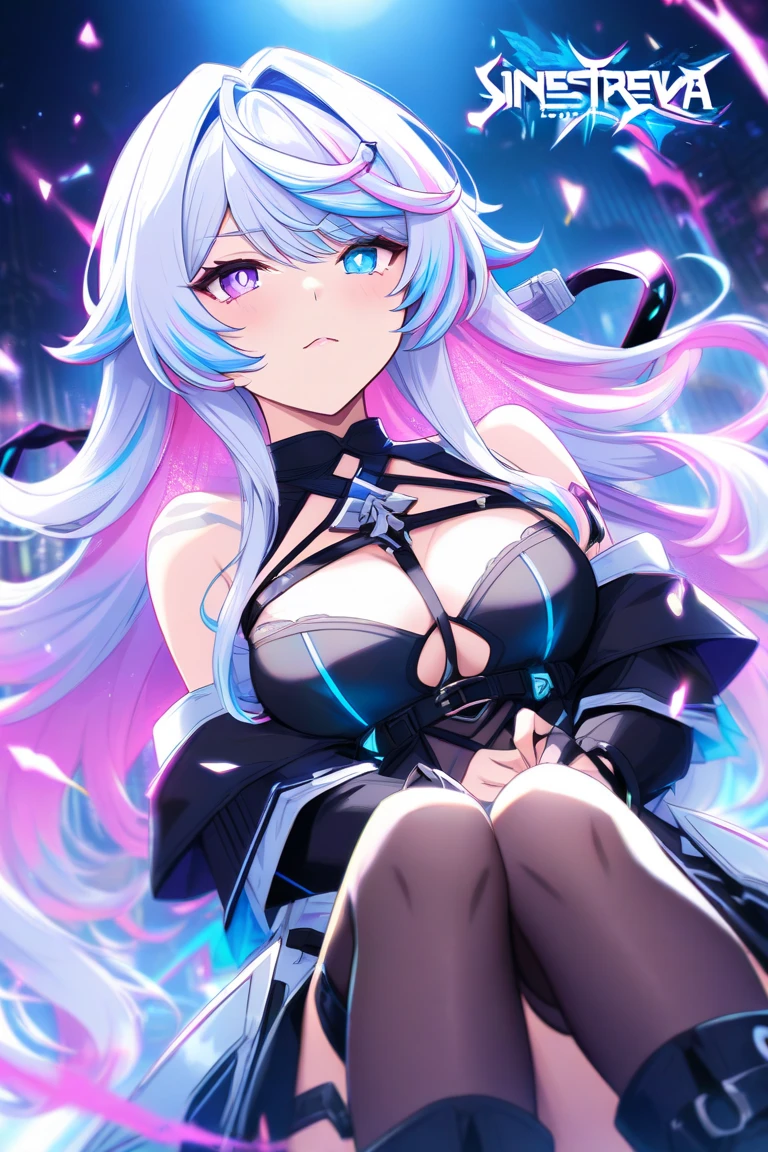 She was born with long slightly curly pink hair,Flat diagonal bangs,Tied into a ponytail bundle at the back of the head。Beautiful and attractive in appearance,This is a white top,Black sleeves and shawls,There are many purple decorations on it ,with a good figure,Wear tight。