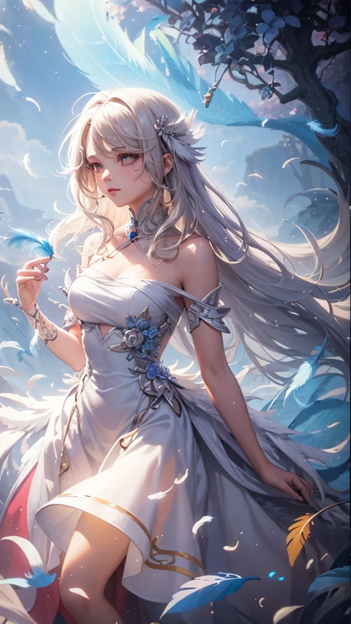 obra-prima, Pintura tradicional, fantasia, 1 menina, cabelo branco longo, olhar vibrante, Clear-hearted iris, Spirit, estilo elegante com vestido azul, dragon horn, asas com penas e escamas, 8k, melhor qualidade, super detalhe, Concedido, alta qualidade, melhor qualidade, detalhes elevados --auto