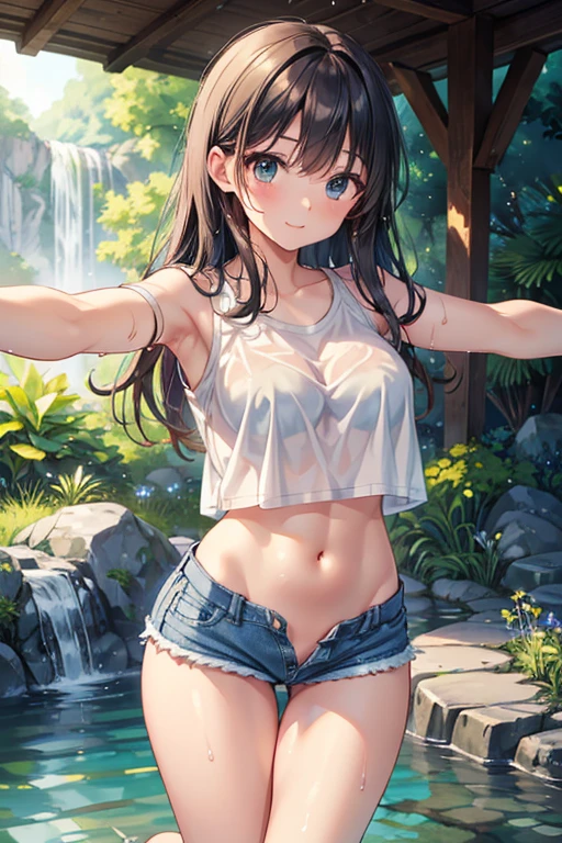 #Basic
A girl posing for a photo, (((One Girl))), (((Baby Face:1.4)) + ((cute:1.4)) + ((15 years old))),
break
#Clothing Accessories
((White tank top shirt)) + ((Blue jogger pants)) + ((Blue trucker hat)) + ((Red sneakers)),
((Black choker)),
break
#Features
((Black Hair:1.2)) + ((Center-parted bangs + Bangs that expose the forehead)) + ((very long transverse hair)) + ((short hair : Long Hair + Curly hair + Wild Hair + Voluminous Hair)),
((Droopy eyes:1.4, Big eyes:1.2), blue eyes), (Small breasts:1.2), (中立的な顔のFeatures), (Tanned dark skin:1.4),
break
#background environment
((noon, Riverside surrounded by nature, blue sky, camp)),
#Facial Expression Pose
((Wicked Smile)), ((Extending left hand towards camera and giving thumbs up、Place your right hand on your hat、Standing strong and proud, Wet with sweat)),
#composition
((Angle from the front:1.2, Cowboy Shot)),
break
#Body parts elements
(Slim figure),
(Symmetrical facial features),
(Detailed Hair, Beautiful Hair, Shiny Hair),
(double eyelid, Long eyelashes, Thin eyebrows:0.5, Thin eyebrows:0.5),
(Expression of fine eyes, Beautiful and delicate eyes, Sparkling eyes, Eye Reflexes, Glitter Eyeliner),
(Human Ear),
(Beautiful Nose, Thin Nose),
(Glossy Lips, Beautiful Lips, Thick lips),
(Textured skin, Detailed skin, Textured skin, Beautiful Skin, Oily skin),
break
#quality
(((最高quality)), ((masterpiece:1.3)), ((Very detailed))), ((Ultra-high resolution)), ((16K)), ((1080P)), ((Full HD)),
((Anatomically correct)), ((Realistic)), (3DCG), ((Oil painting)),
((comics, anime)), (CG illustration), (RAW Photos),