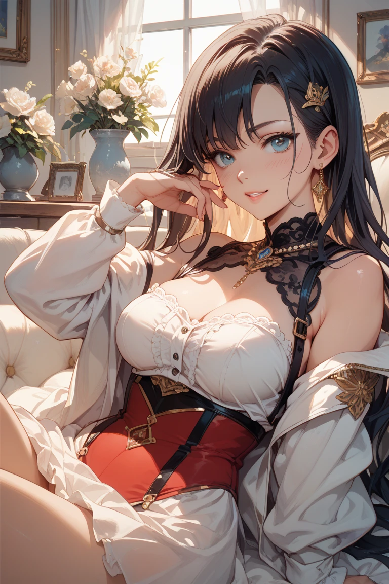 (Masterpiece, Best Quality: 1.2), (Highres: 1.1), (Highest Quality), (Master's Work), Facing Viewer, Dynamic Angle, Sky, Cloud, (1, Solo Focus: 1.4), Cute, Ornament, (Jewelry: 0.75), (Blush: 0.9), (Strap: 0 .9), barefoot, living room, sofa, window, curtains, dappled sunlight, potted plants, table, cabinet, bookcase, lamp, ahoge, (shawl, long hair, ruby colored hair, blue inner hair, shiny hair, shiny skin: 1.1),(((big ass, coxas grossas, full body)))