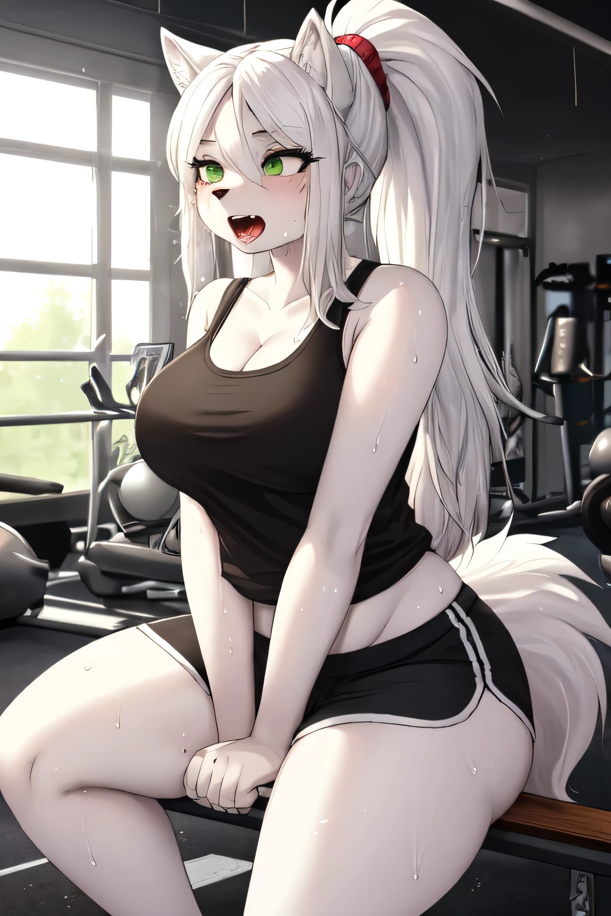 furry, curvy wolf woman, chubby, cute, white wolf, wearing a tank top and shorts, green eyes, short white hair, in gym, hand drawn, 2D, comic realism, warm lighting, one person, pluse sized