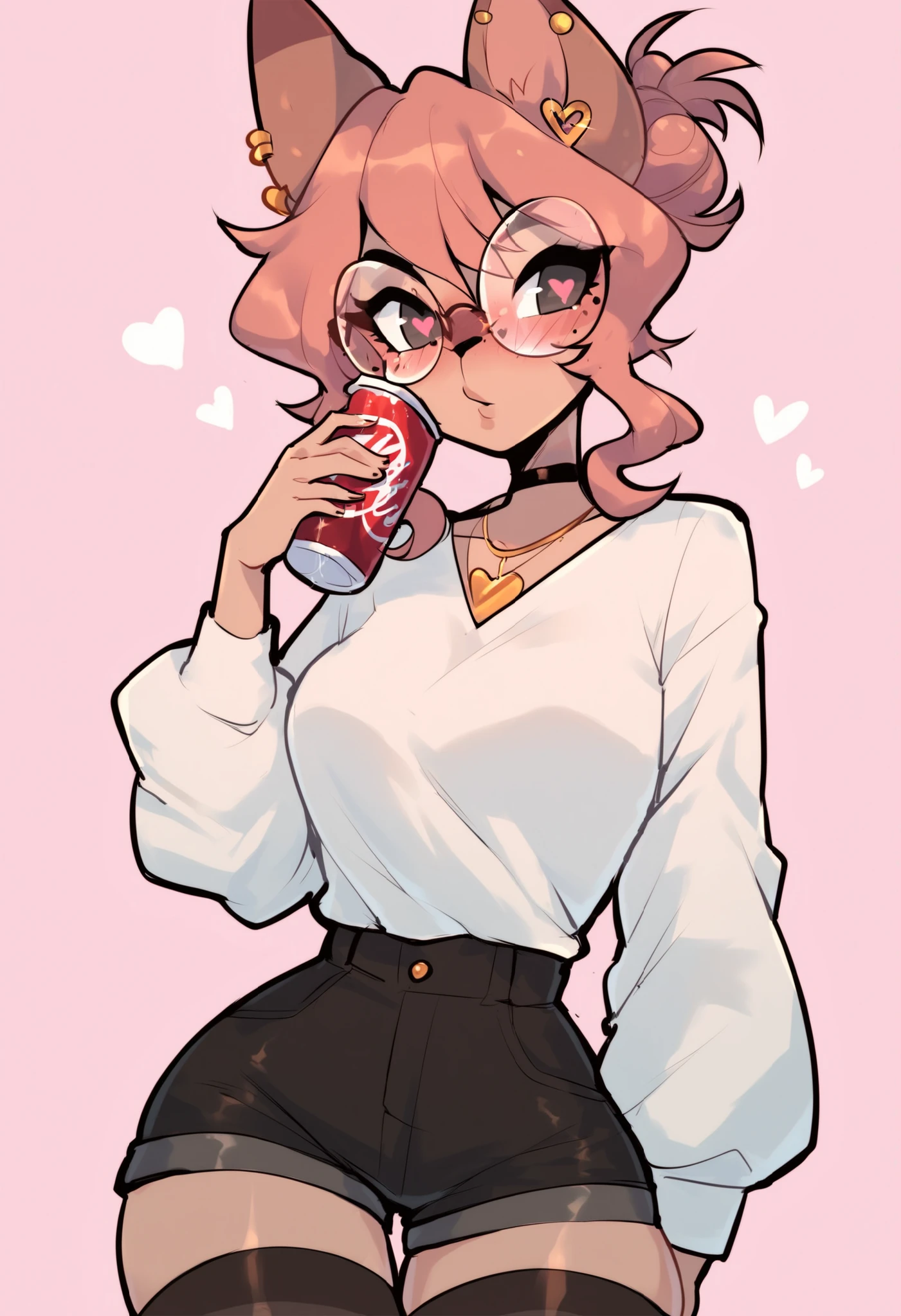 (score_9, score_8_up), score_7_up, score_6_up, score_5_up, score_4_up, Hazel Typhoon, a chic, hairy, brown hair, pink hair, animal ears, gold earring , heart-shaped pupils, animal nose , 66 Waist, hair bun, cola, alas, Gold glasses, lentes redondos, presumed, looking at the spectator, white shirt, black shorts, cowboy shot, pink background, blushed, tall black stockings