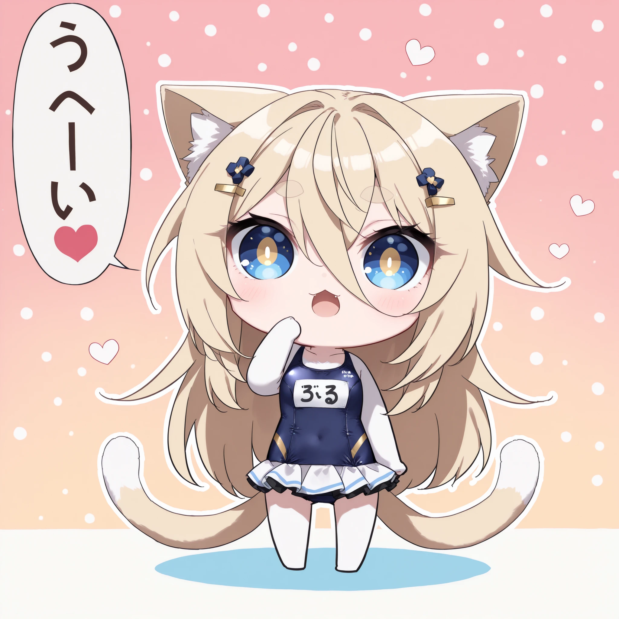 score_9, score_8_up, score_7_up, (solo, 1 girl, Matana Katomiya, blue eyes, light blonde hair , long hair,hairpin,winks next door、 very long bangs, Cat ears, white fur inside Cat ears), ((( chibi, change, thin, small, short))), ( cute swimsuit、miniskirt), stand up, throw kiss,heart ((2 Cats' Tails:1.2)), cute face, big eyes, Cat's Eyes, eyelashes, lower eyelashes, (((gold pupils))), short and thick eyebrows, , proud smile, open your mouth、Ocean Background、 on the ship、