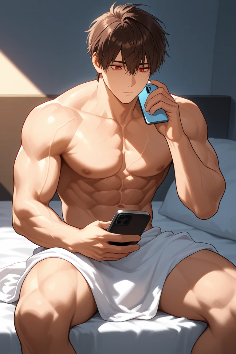 Muscular man wearing sleeping pajamas lying on his bed and watching his cell phone