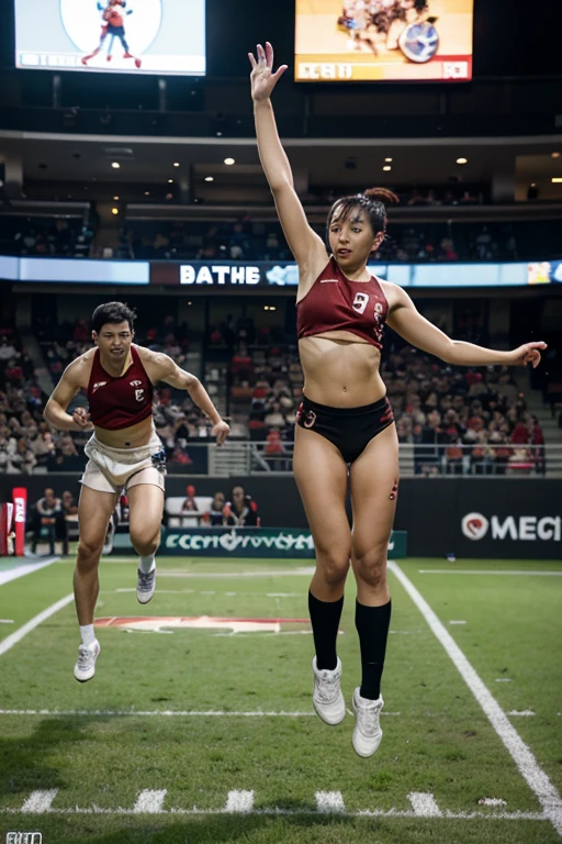 top view, latina sexy 50 years old chubby lady throwing a javelin in the middle of the stadium, running and sweating, at the athletic olympics, big , cum in face, ((((,completely naked)))), genitalia futanari visible, big sloppy slutty tits, stadium, happy trip, sborra everywhere, javelin throw olympic event, add_detail:1