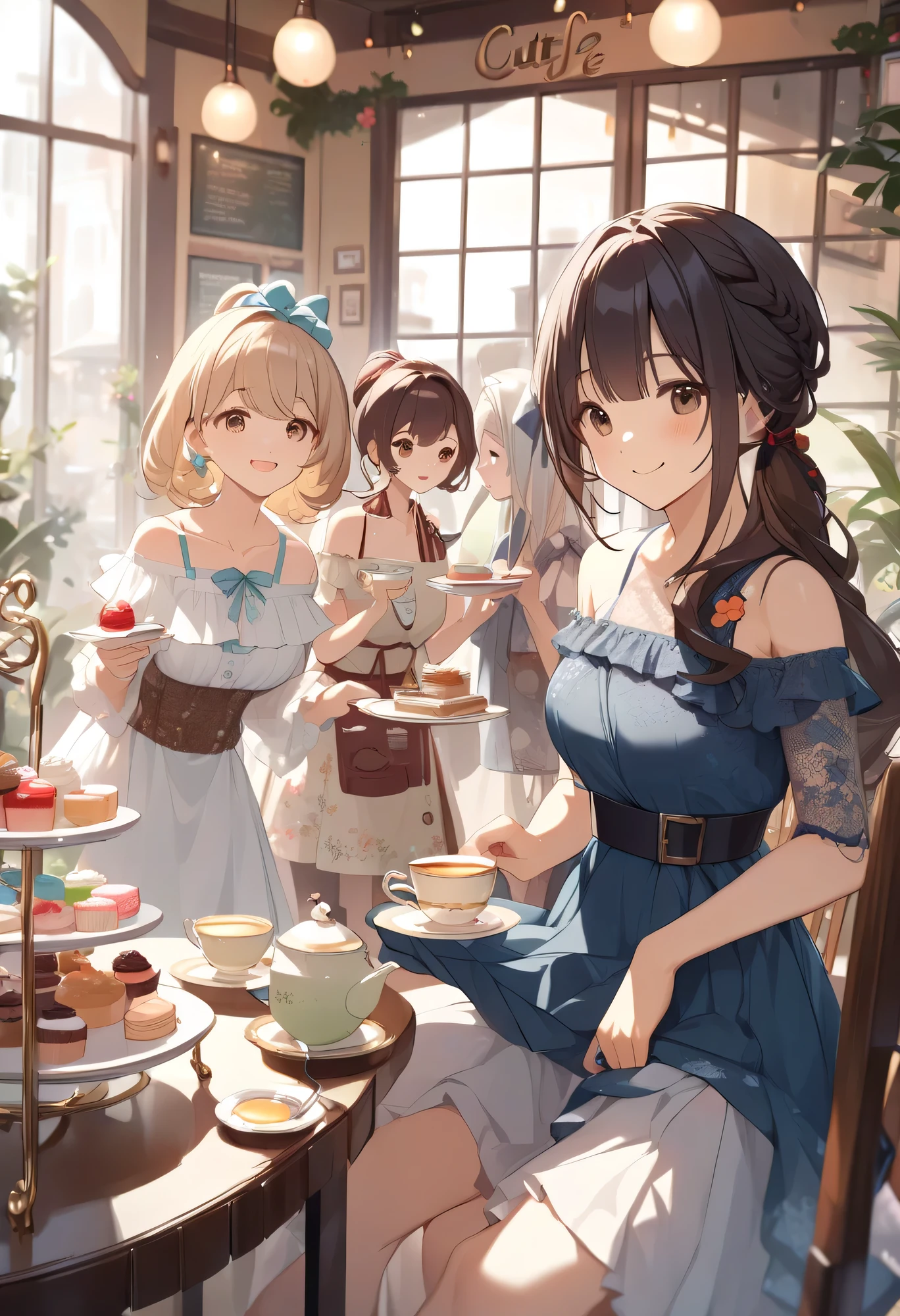 Top Quality、high resolution、HD、masterpiece、detailed background、pretty girl、huge breasts、Perfect Body Line、braided bob cut、ponytail、A cafe with a relaxed atmosphere、smile、(3 girls enjoying tea time at a cute cafe:1.5)、(3 girls enjoying sweets at a cute cafe:1.5)、white off-shoulder blouse designed with lace and frills made of chiffon material、 Maxi length flared skirts with floral patterns and linen materials 、Sandals with braided design、off-shoulder that balances the overall balance while taking advantage of the femininity peculiar to off-shoulder、Very Beautiful