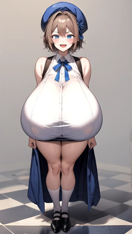 masterpiece, best quality, amazing quality, very aesthetic, absurdres, newest,highly detailed,highres,face_focus, full body photo, woman, inoue orihime,hair clip,orange twintails hair,long hair,ribbons, brown eyes,fair skin,Shiny skin,pink lips,blue frilly dress,(gigantic :1.4),pantyhose,high heels,simple background,v sign,one hand,heart,depth of field,flirty,looking at viewer,from the side,clean lines,smooth lines,sharp, voluptous,