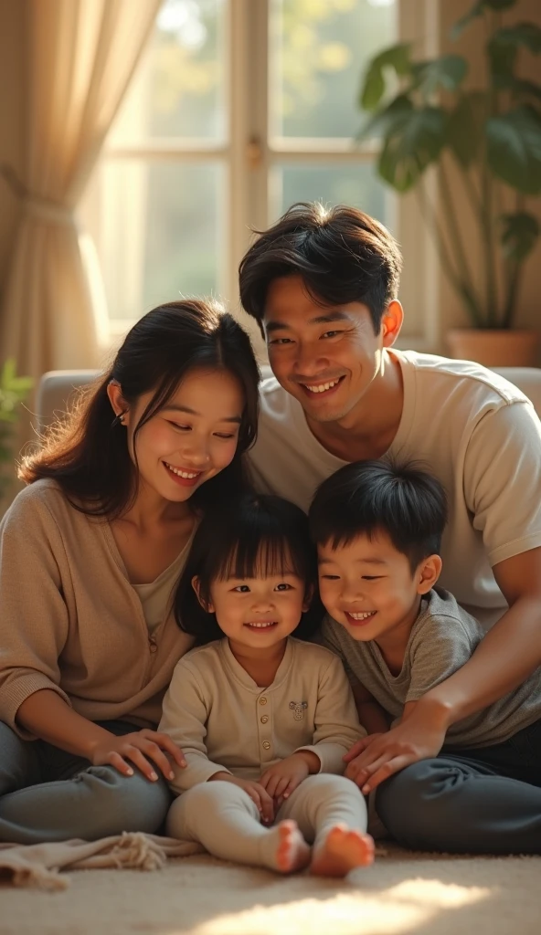 A low-income family enjoying a moment together in black and white, that generates a deep feeling that makes you feel that those are the most valuable moments of life.
I want the family to be made up of 4 brothers (3 men and a woman) a mother and a father and that the children are not so children