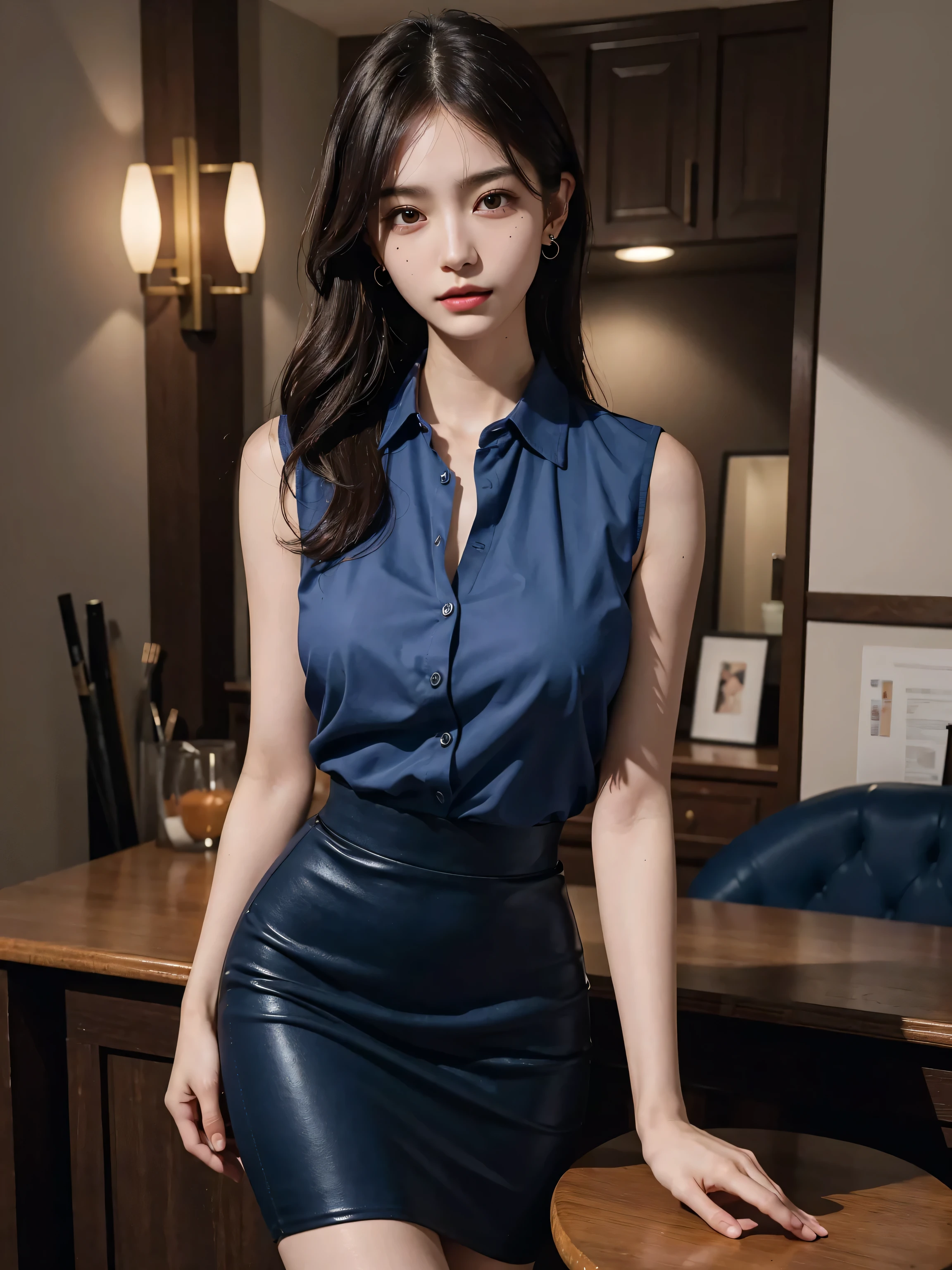 absurdres, RAW photo, extremely delicate and beautiful, masterpiece, Best Quality, ultra high resolution, 32k, hyperrealistic, ultra-detailed, perfect anatomy, anatomically correct, perfect figure, Perfect Style, Perfect balance, super Detailed skin, in her 30s, very Slim body, narrow waist, very small head, very small face, delicate facial features, handsome detailed woman, very detailed eyes and face, realistic face proportions, Realistic beautiful face, Realistic beautiful eyes, tearful mole, earring, very huge round tits, full body shot, bare legs, medium hair, indoor, school_uniform, dress shirt, skirt, sleeveless,