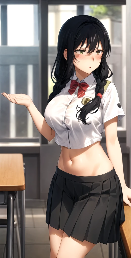 (1girl, Akemi Homura, mahou shoujo madoka magica), (throw_hand, pink vibrator remote switch in throw_hand, throw:1.2), Highest quality, Super detailed, masterpiece, Ultra-high resolution, 8K, Ridiculous, Cowboy Shooting, Blurred, One girl, Focus on the girl, Embarrassing, blush, Lovely, Close one eye, With tears in her eyes and her mouth open, What saliva leaves behind, Wet skirt hem, (Sticky panties:1.1), Bulging of the vibrator cord, Vibrator with Garters, (cleavage), Classroom Background, The skirt is accidentally exposed,(large breasts), (crop top navel), (waist line), Accidentally exposed panties