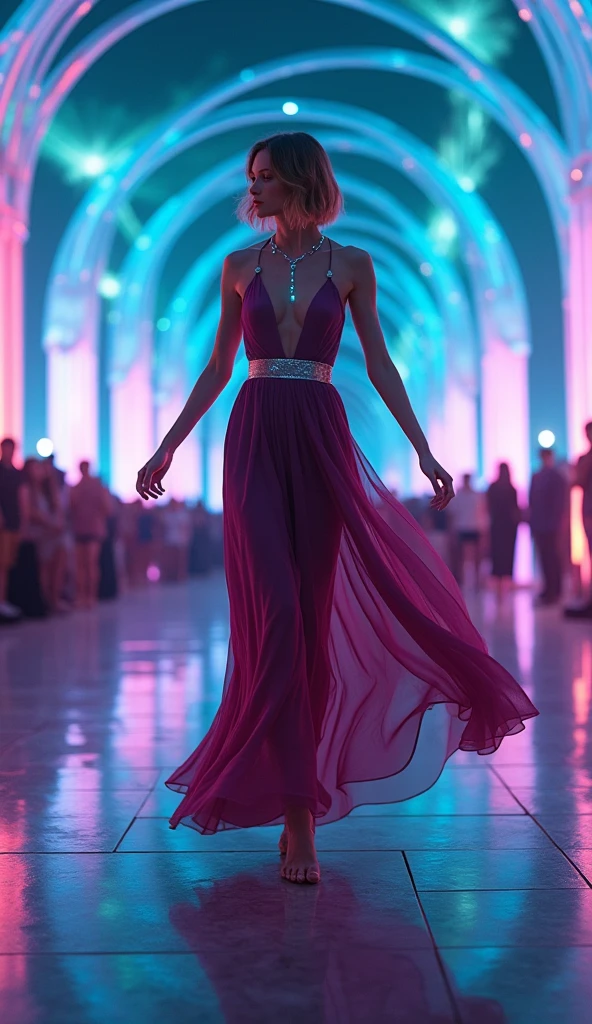 A beautiful, elegant digital princess in a long, tight-fitting, form-fitting all over, pink silk bodycon dress, tight around legs, with long silk gloves, smooth, slick, clinging fabric, and soft textures, posing in a digital dress selection zone, (best quality,4k,8k,highres,masterpiece:1.2),ultra-detailed,(realistic,photorealistic,photo-realistic:1.37),intricate details,extremely detailed digital art,hyper realistic, striking pose, arms out, facing camera, full body. dramatic lighting, cinematic, sci fi digital hologram dress selection zone, dynamic composition, vibrant colors, digital fashion, digital art, cinematic lighting, scifi holograms, digitized environment.