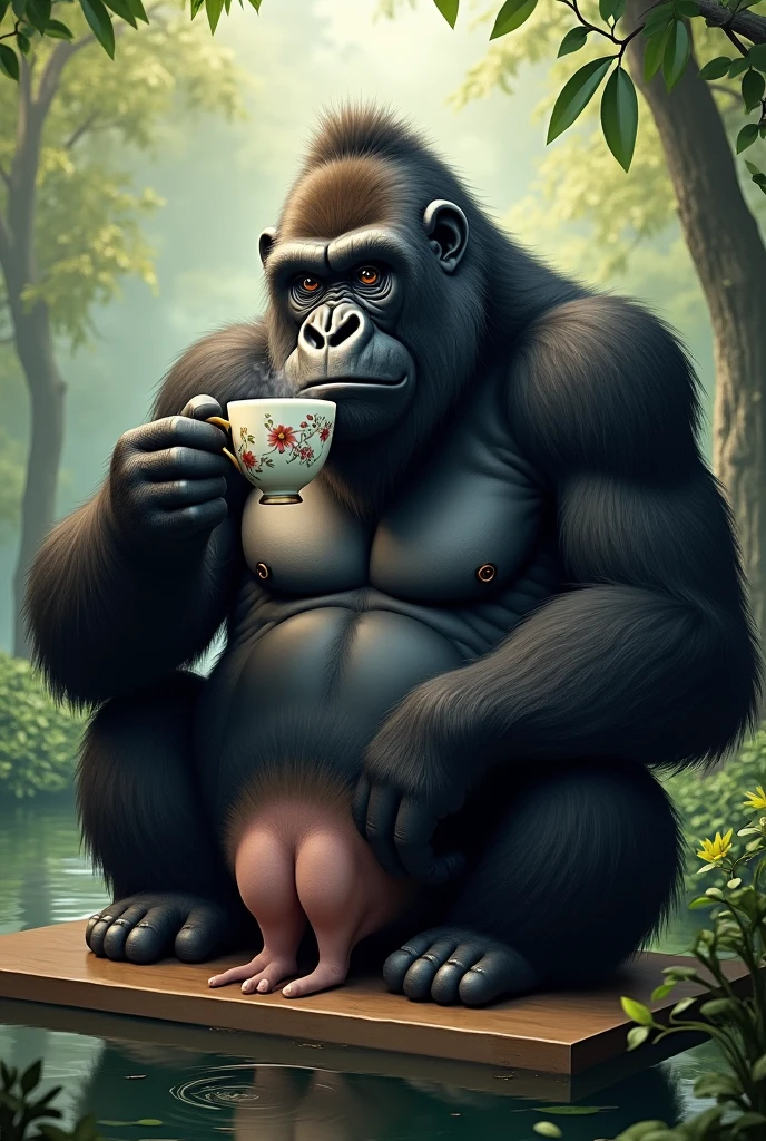 photo of 2heads, zebra, fat, heavy, older male, old, white skin, four headed, hairy chest, kitchen background, sitting on chair, coffee mug, short grey hair, bald, thick grey mustache, thick grey beard, sweaty, old, frowning, briefs