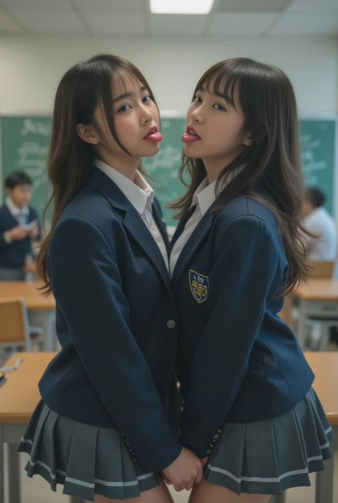 2 women teacher,  kiss other, teacher outfit, classroom 