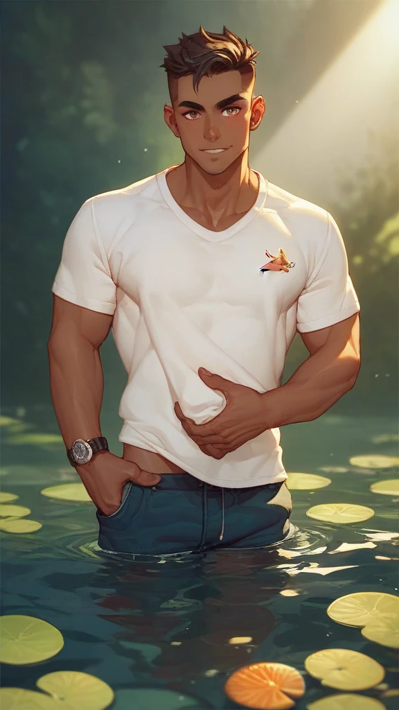 watercolor, a guy swims in a lake in the light of the moon, spreads the buttocks of a 17-year-old Brazilian boy, wearing tight slips with a large protruding convex codpiece. Muscular, with round, firm, perfect buttocks, Aesthetic, erotic, beautiful, in the style of Caravaggio