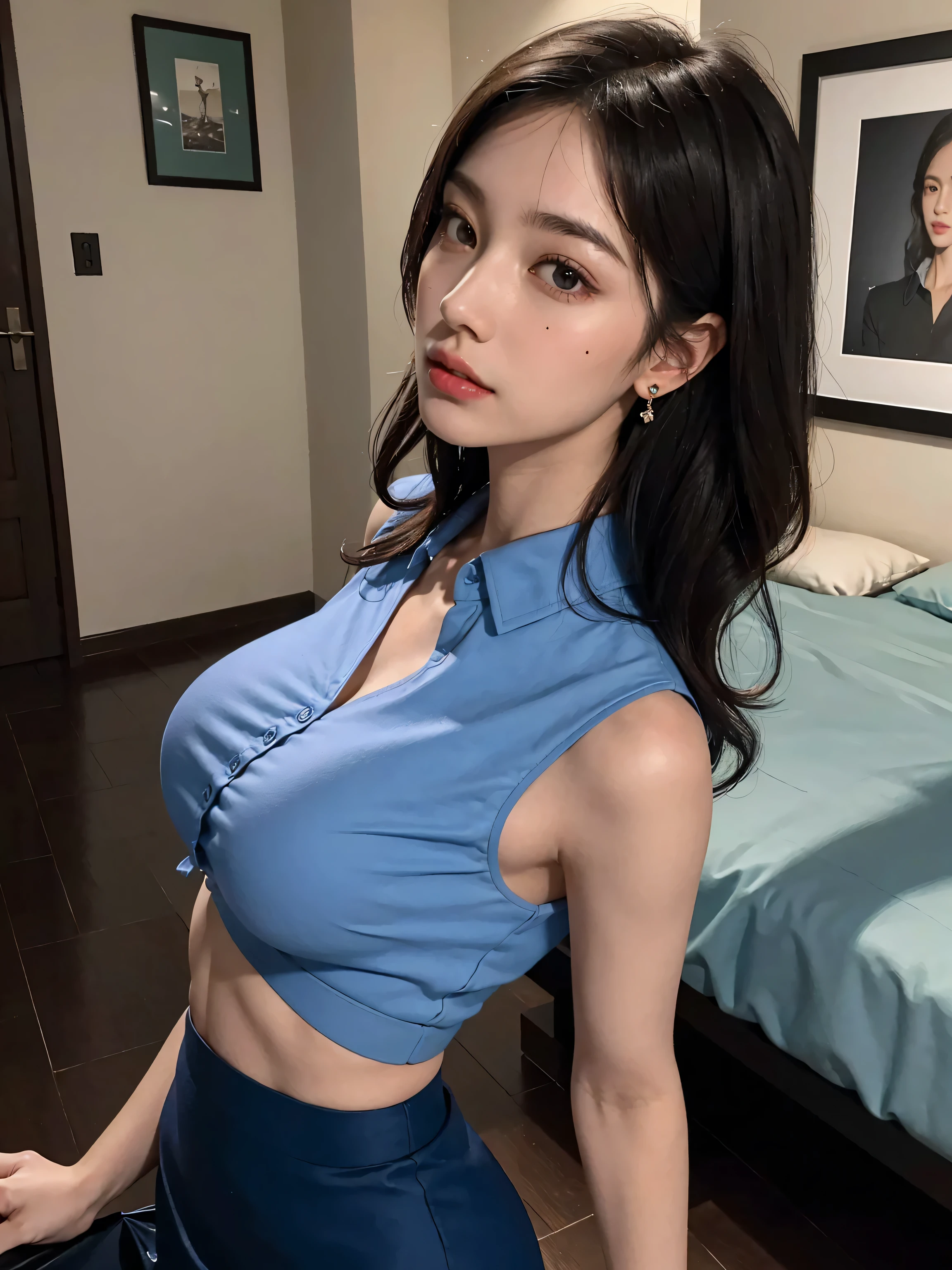 masterpiece, best quality, illustration, Super detailed, fine details, High resolution, 8K,wall paper, perfect dynamic composition,(Details High quality, realistic depiction of eyes:1.3), oversized sport shirt, shorts women, Straight bangs, black hair color, Big Natural Color Lip, Large swollen breast, perfect body shape, showing a delicate slim figure and graceful curves, ((hotel room Background)), (((hands tied above head、Kneeling))), crying a little、cold gaze, Don't expose it、 Harajuku style、20 year old girl、cute type、lolita, hposing Gravure Idol, full body photo、focus on crotch