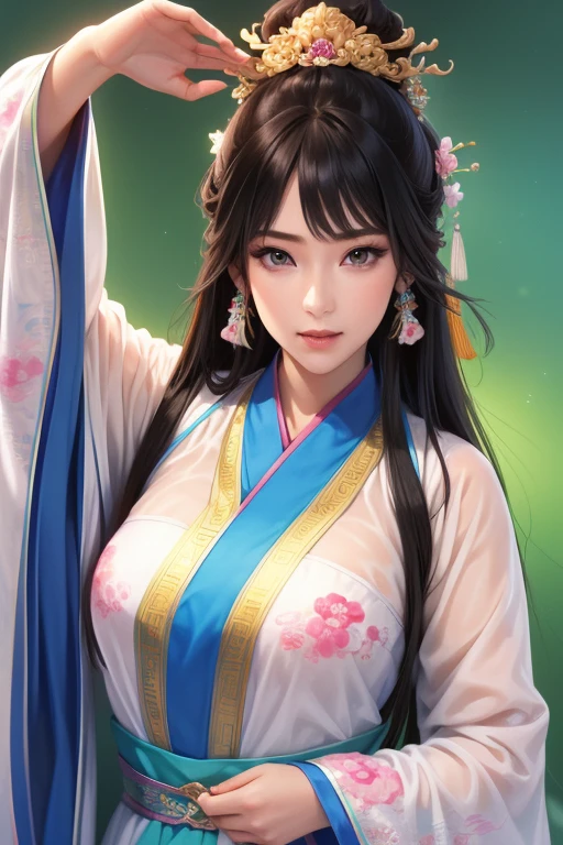 anime lady in a silver dress with a feather on her head, yun ling, inspired by Li Mei-shu, full body xianxia, highly detailed exquisite fanart, inspired by Pu Hua, inspired by Ju Lian, yang qi, lei min, Highly detailed CG unit 8k wallpaper, masterpiece, High resolution, highest quality, highest quality real texture skin, Super Real, Digital Painting, Best image quality, 最High resolution, 8k, ((Highly detailed eyes and face, Beautiful eyes every detail)), 1girl, Full Body Shot, smile, ((china clothes, オフショルダー, disproportionate breasts, huge breasts, gigantic breasts, )), )disproportionate breasts, huge breasts, gigantic breasts, )
