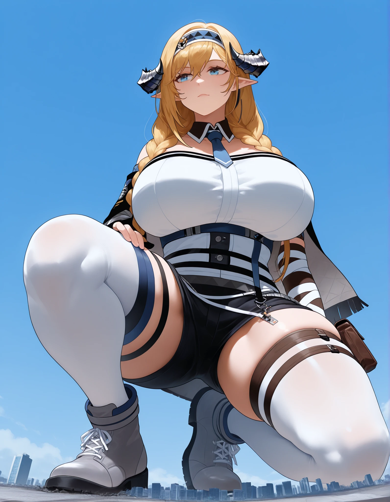 Saileach_arknights, score_9_up, score_8_up, score_7_up, source_anime, 1girl, solo, sky, full body, grey footwear, blonde hair, braid, long hair, blue eyes, horns, white thighhighs, thighhighs, thigh pouch, braid, hairband, white shirt, shirt, underbust, arm strap, black shorts, short shorts, miniskirt, black skirt, belt, strap, blue necktie, detached collar, elbow gloves, two-tone gloves, white gloves, black gloves, fingerless gloves, capelet, two-tone capelet, clothing cutout, dynamic cowboy shot, mini giantess, , (thick thighs:1.1), gigantic breasts, Woman crushing the building, on the ground, stretch your legs, (from below:1.1),崩壊する街,土煙