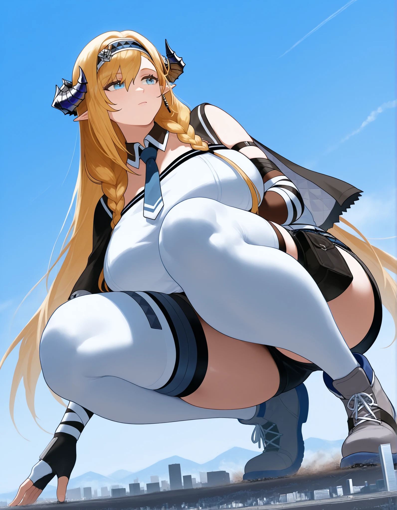 Saileach_arknights, score_9_up, score_8_up, score_7_up, source_anime, 1girl, solo, sky, full body, grey footwear, blonde hair, braid, long hair, blue eyes, horns, white thighhighs, thighhighs, thigh pouch, braid, hairband, white shirt, shirt, underbust, arm strap, black shorts, short shorts, miniskirt, black skirt, belt, strap, blue necktie, detached collar, elbow gloves, two-tone gloves, white gloves, black gloves, fingerless gloves, capelet, two-tone capelet, clothing cutout, dynamic cowboy shot, mini giantess, , (thick thighs:1.1), gigantic breasts, Woman crushing the building, on the ground, stretch your legs, (from below:1.1),崩壊する街,土煙