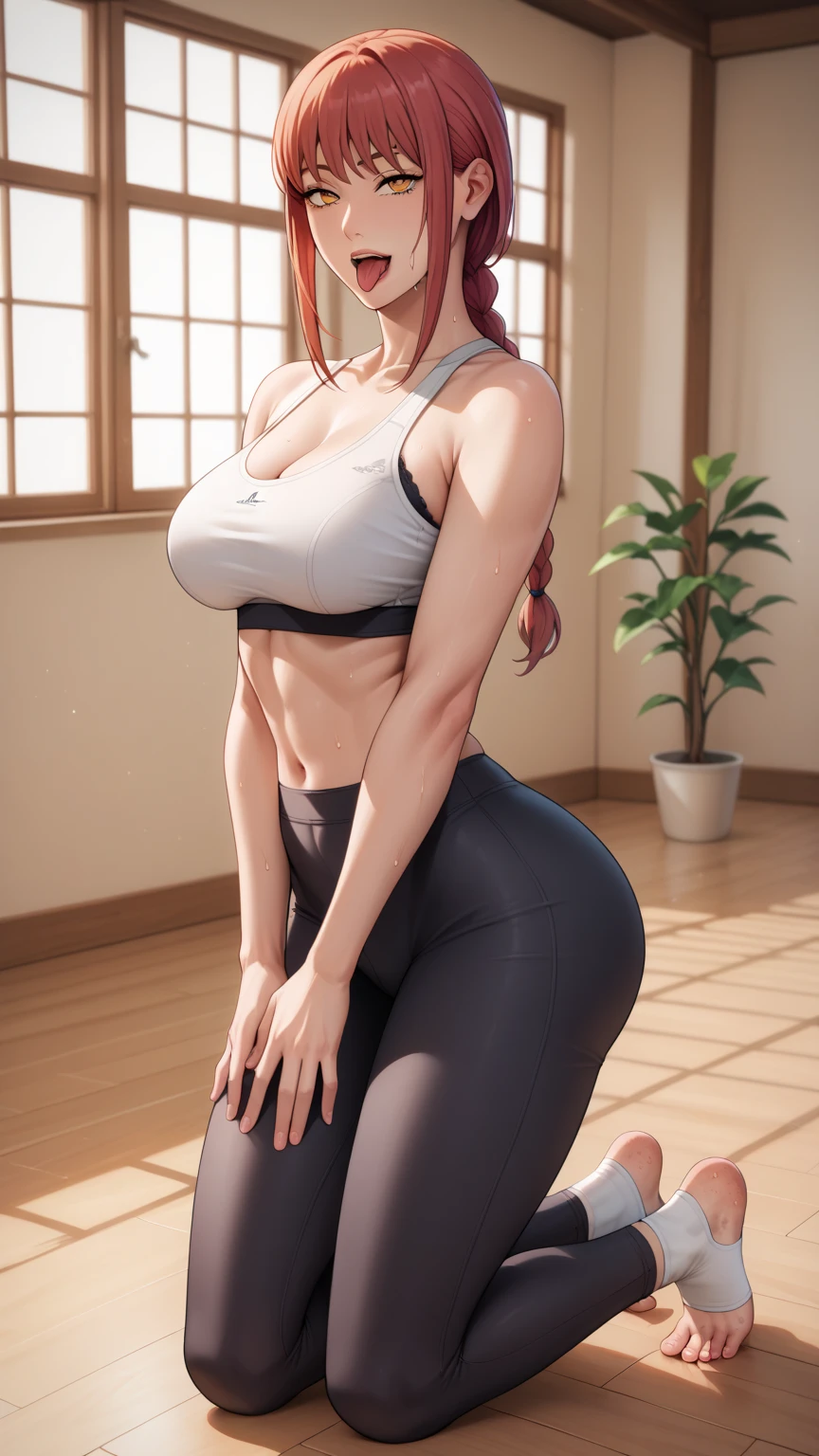 A young woman with red hair, light green eyes, and a few freckles, dressed in workout clothes. She is wearing bright white or pink leggings that are extremely tight and a matching cropped top, accentuating her athletic and well-defined body. The focus should be on a view from the back with a slightly upward perspective, revealing a large, well-defined buttocks marked by the leggings. The leggings should create a clear V effect in the groin area. Ensure the image is of exceptional quality with a subtle glow on her skin to enhance the visual appeal.