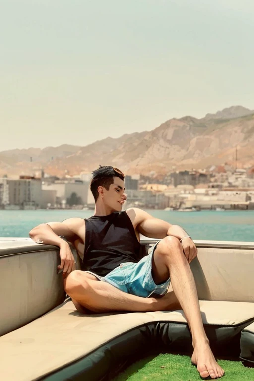arafed man sitting on a couch on a boat in the water, on a boat, 26 year old man on a sailboat, with abs, he's on an old sailing boat, aykut aydogdu, mid-shot of a hunky, on a yacht at sea, on the sea, super buff and cool, on a boat on a lake