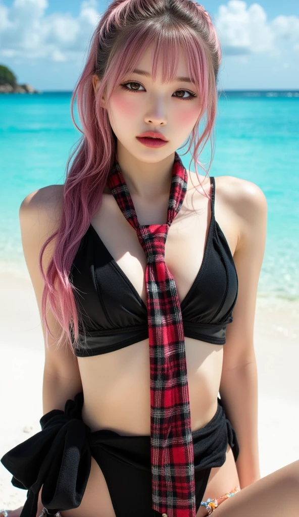 Tank top that gets wet、pantyhose/stockings、Sexy nipples、See-through underwear、Highest image quality、32k、dark pink hair、Bite、Mansuji、Beach、On all fours