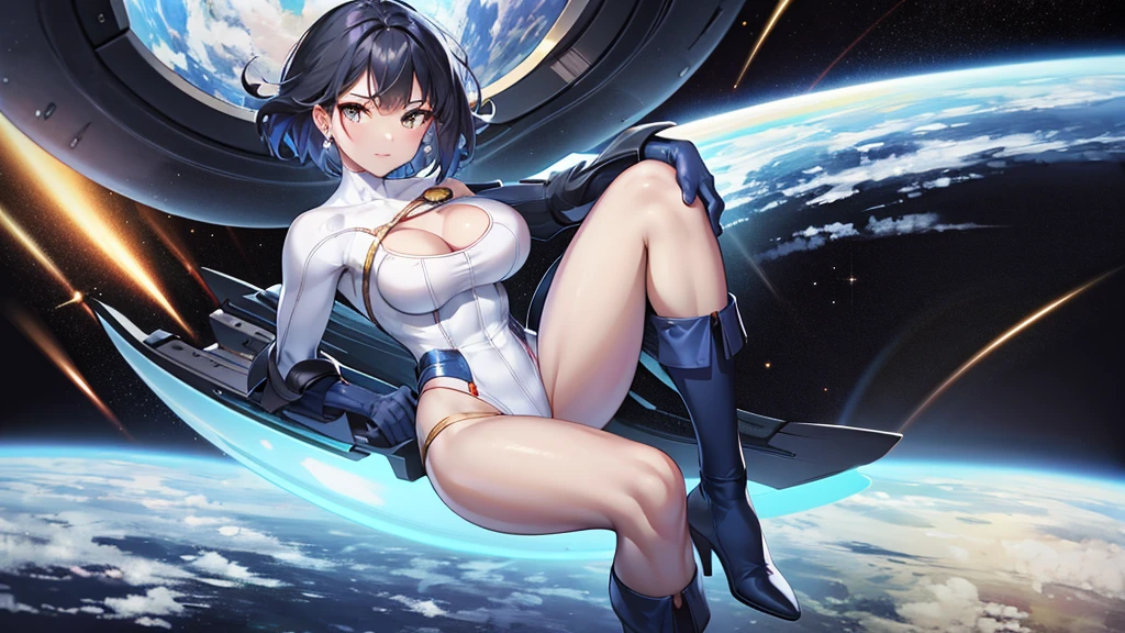 masterpiece, highest quality, High resolution, 1 girl, ticker, Ahoge, big breasts, race_Queen, blue leotard, Jacket, embarrassing,closed mouth, field,