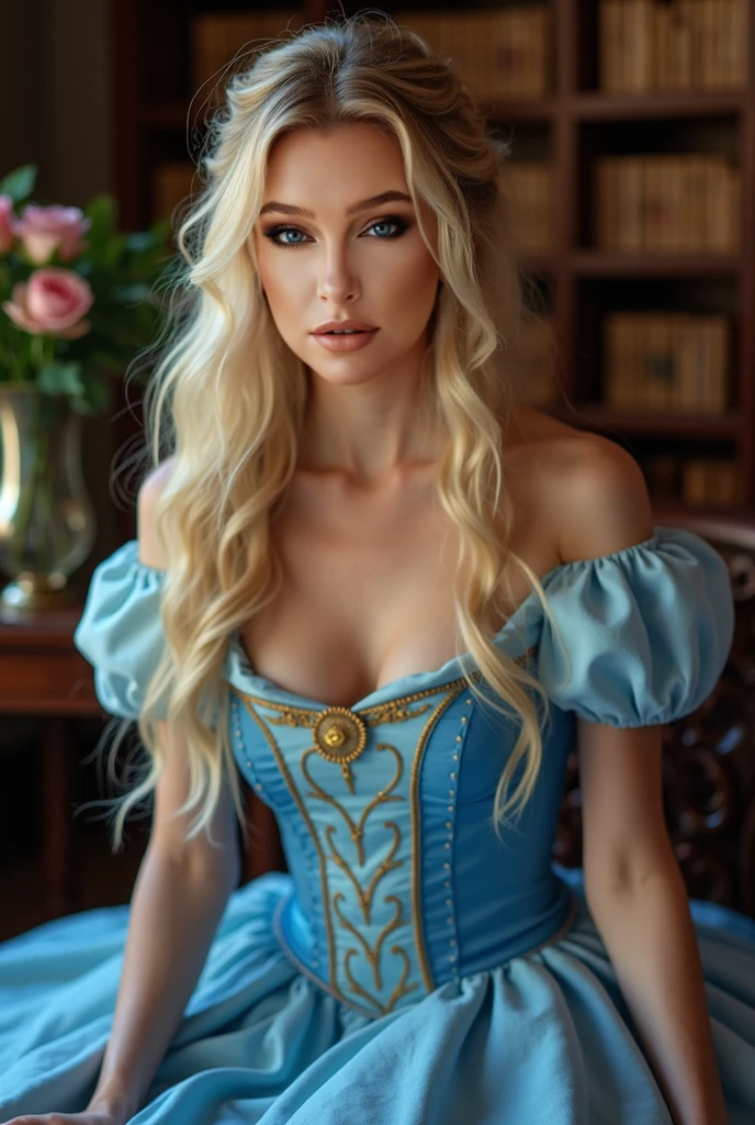 Sexy blonde elf woman with blue eyes, long wavy hair, blue dress with sequins, gold embroidery and decorations, office, detailed eyes and face, exquisite facial features, fine facial features, (slight smile:1.5), elegant pose, professional environment, fantasy theme, magical atmosphere, photorealism, soft light, enchanting background, mysterious aura, mesmerizing presence, magical elements, exquisite beauty, stylish outfit, graceful pose, stunning visual effect, overall detail: 1.5