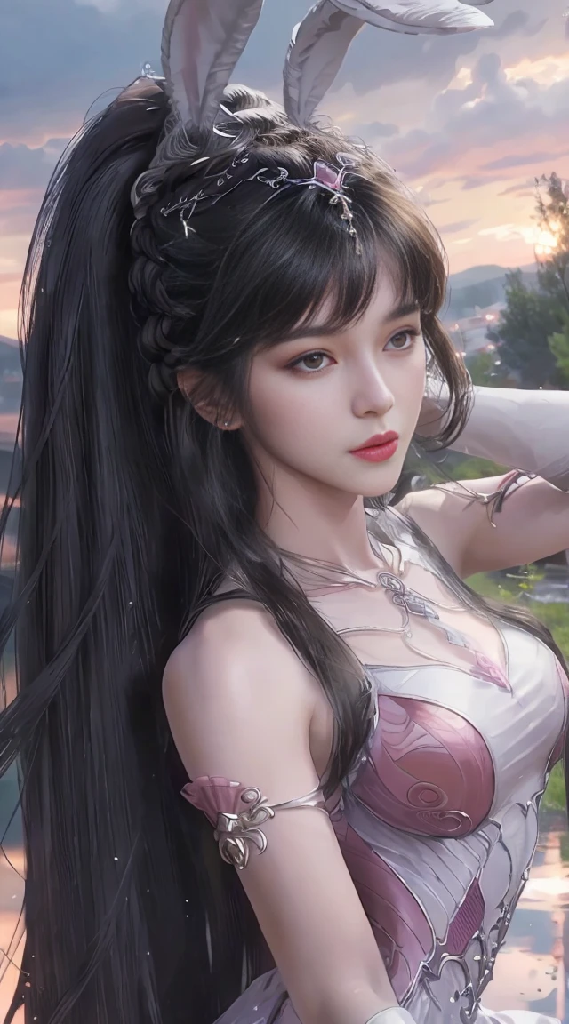 (1 girl:1.3), alone, __body parts__, official art, unified 8k wallpaper, Super detailed, Beautiful and beautiful, masterpiece, best quality, raw, Super detailed photos, best quality, ultra high resolution, photorealism photorealism, Sunlight, full body portrait, amazing beauty, delicate face, vibrant eyes, (from the front), Detailed face, Gorgeous, highly refined skin, Realistic skin details, Visible pores, sharp focus, Volumetric fog, 8K Ultra HD, SLR camera, high quality, film grain, White skin, photorealism, black hair, black hair, breast, open eyes, Slit sleeves, skinny, transparent, Pink, skirt, transparent panties, Pink, twisted braids, long braids, jewelry, gold accessories, Gorgeous accessories, complicated, delicate lips, long hair, medium breast, outdoor, close lips, petal, peach blossom, Rabbit ears, Pink Rabbit ears, permanent, dynamic poses, Upper body