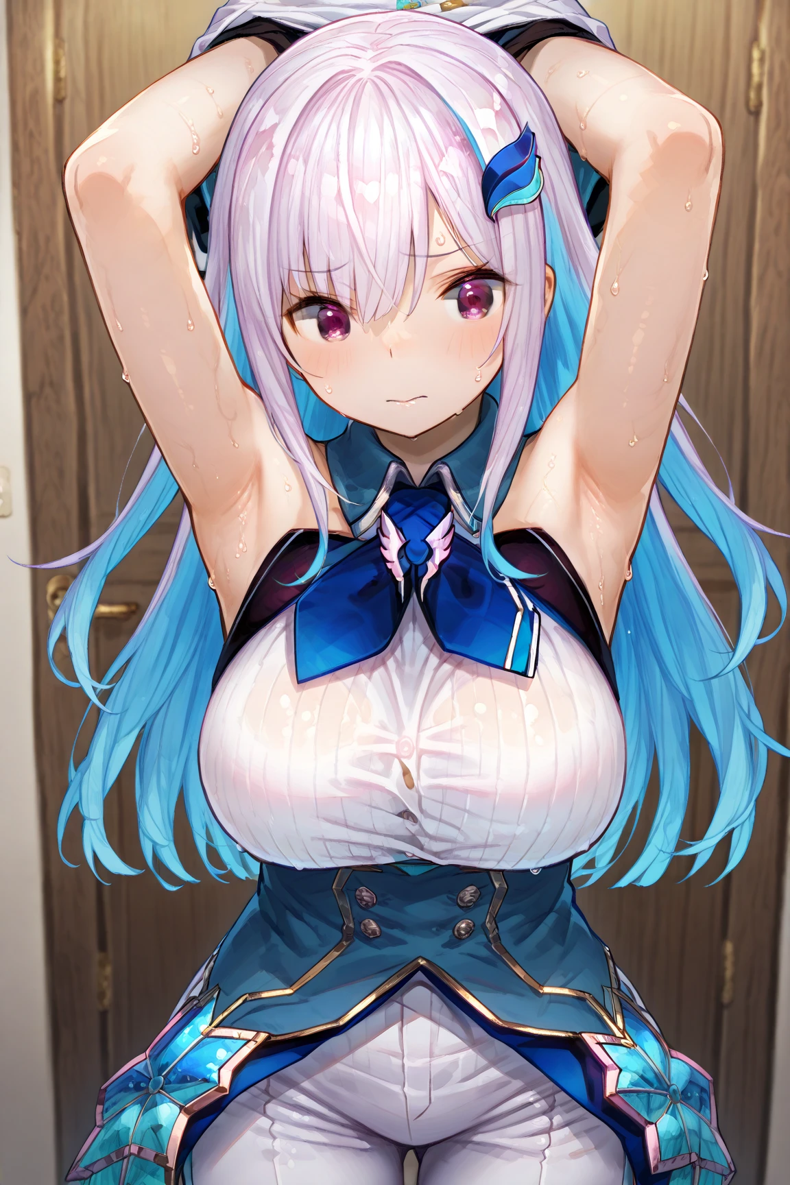 masterpiece, Highest quality, High resolution, 1h1 ..., hair ornaments, Knee socks, Long Hair, Long sleeve, Pleated skirt, blue Knee socks, Armband, Frilled Skirt, White jacket, White shirt, Blue Skirt, Thigh straps, Cowboy Shot, pointing, Outdoor, (masterpiece、Highest quality、High resolution、Ultra-high-definition CG、8k size wallpaper, super detailed skin, detailed, beautiful detailed eyes), BREAK, ass pov, sit astride, girl on top, focus pussy, black hair, drop eyes, student, BREAK, Sex:1.5, pussy juice:1.5, ((smile)), cum pussy:1.9, baby face, BREAK, Shopping mall, pussy in small penis, erectile nipples, Put your hands forward, peeing, Phimosis, Round eyes、Terribly violent sex acts、((Medium chest))、A large amount of bodily fluids splashing、BREAK、small penis, Live-action background、