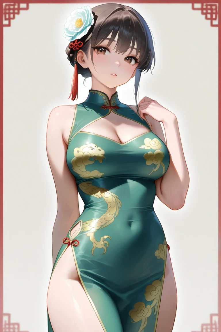 ((highest quality)), ((masterpiece)), ((realistic)) 19 years old, redhead girl, shoulder length hair, relaxed and happy face ((thin)) (Big breasts), ((( Chinese dress turquoise blue short dress))) (((mini skirt))) ((sexy dress)) Odango hairstyle (((detailed character sheet, Front view, Side view, 3/4 view))) (((white background))) 6 and a half whole bodies