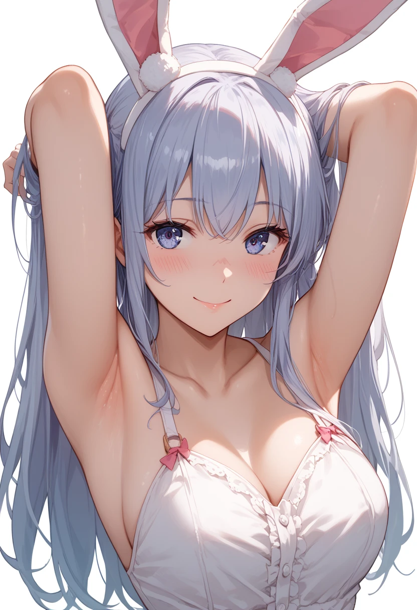 (masterpiece, 4k, best quality), 1girl, solo, kawaii, cheerleader, cleavage, silver hair