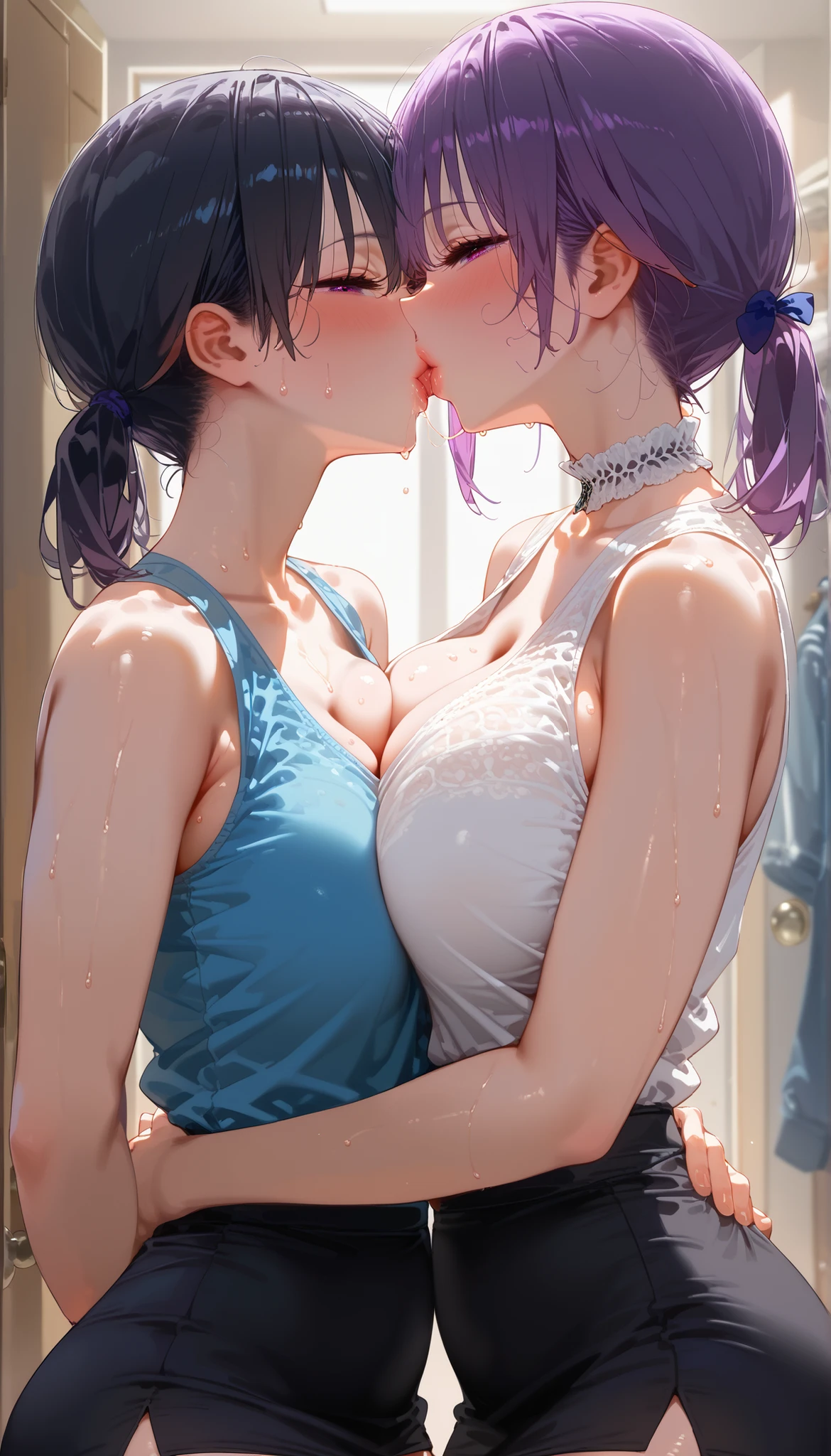 (Two women:1.2), (cute lesbian anime women:1.2), (multiple top and bottom side by side views:1.2), (8k), (best quality:1.2), (sharp focus:1.2), (masterpiece:1.2), (best quality:1.2), (highly detailed:1.2), (physically-based rendering), (extreme detail description), (professional, vivid colors, soft cinematic volumetric lighting), (makeup), (eyeliner), (eyeshadow), (detailed soft round face and round colorful eyes:1.3), perfect detailed anatomy, (slim body), (huge breasts:1.2), (round ass), (short straight vibrant colorful hair), (braided short ponytail with double bangs), thong, black button up shirt, unbuttoned, (deep cleavage), seen from multiple angles, before and after, kissing, embracing, (breasts bulging:1.3), (cameltoe:1.2).