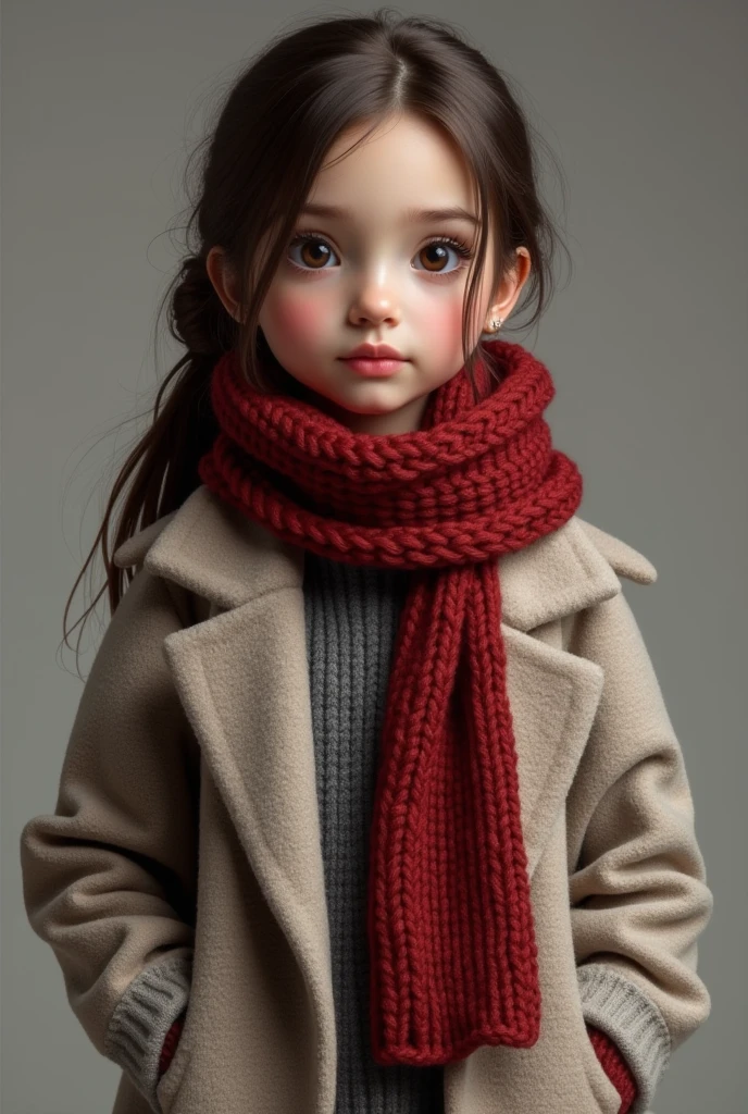 cute trumpet,Wearing a red coat,Carrying a small white school bag,Wearing a gray hat