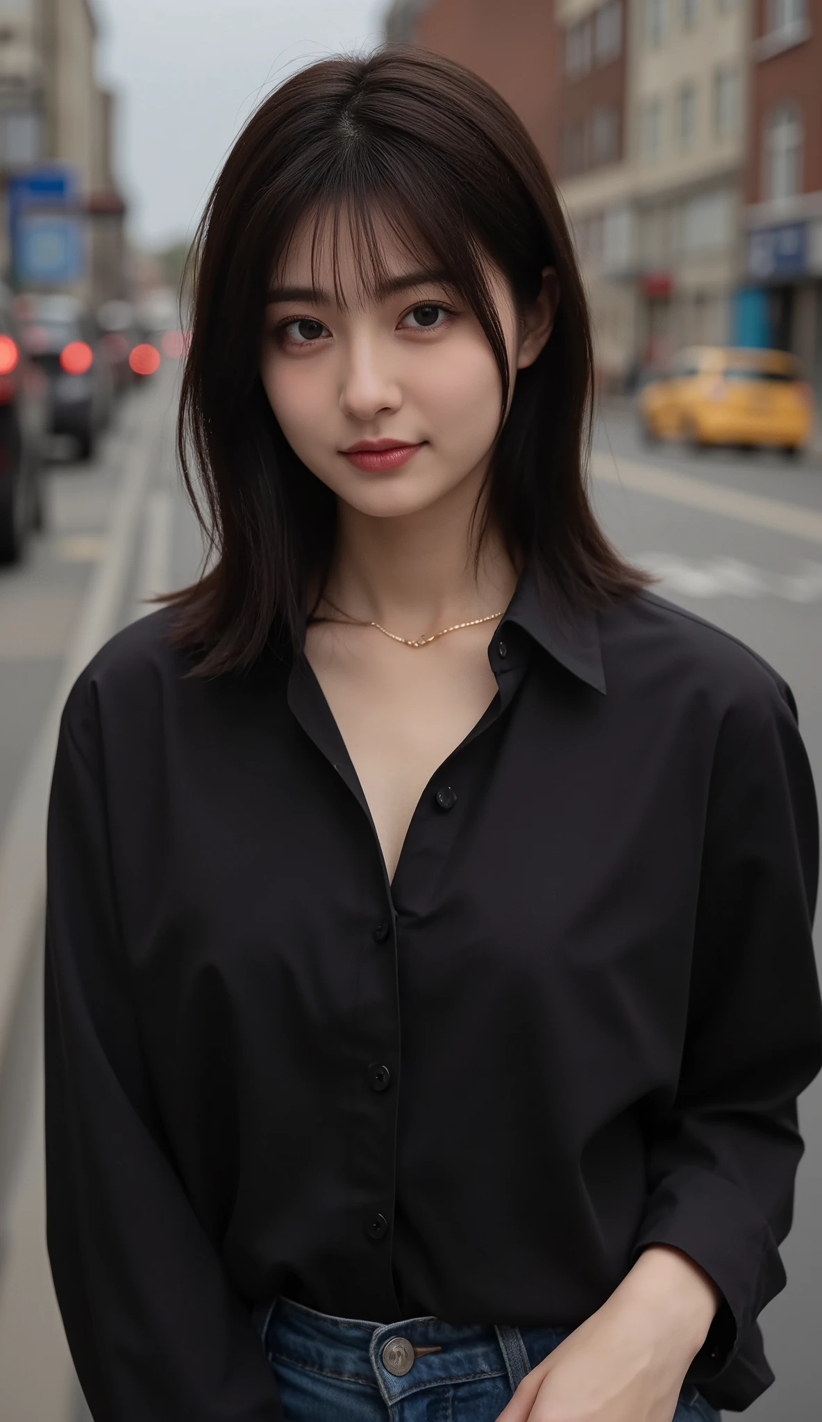 women play 1people々,beautiful black hair, super straight hair , 暗い水の中の現実的なpeople物画像,realism,Top Quality,mastepeice ,Top Quality,best image quality,highest resolution,detailed,beautiful detailed face,dark eyes,camera,((real skin)),Outdoors,detailed background, exact upper body standing in the shower room with only shorts on ,(( upper body while wearing a shirt )),(realismのある肌),Late Night,(In the heart of the city),smile,(( very pretty big breasts )),(wearing a black shiny shirt),(Wear jeans),((super big )),(cleavage visible),
