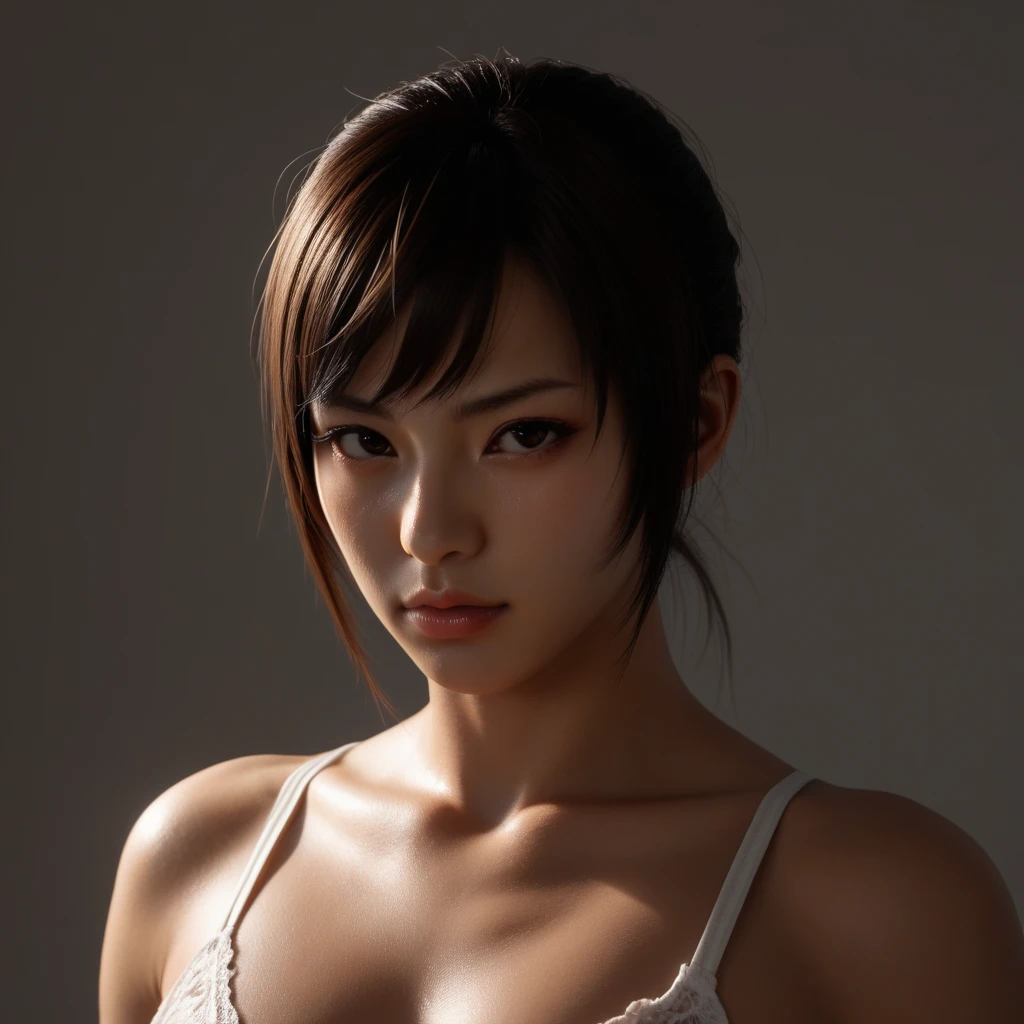 (photo realistic:1.4), (hyper realistic:1.4), (realistic:1.3), (softer lighting:1.05), (cinematic lighting quality enhanced:0.9), 32K, 1 handsome 25 year old man, sharp brown eyes, 1 20 year old girl, (big breasts: 1.2 ), realistic lighting, backlight, light on the face, light trails, (bright light: 1.2), (Enhanced quality: 1.4), (best real skin texture quality: 1.4) , eyes with fine details, face with fine details, fine quality of eyes, (tired and sleepy and satisfied:0.0), thin pink tight tank top, (black bottom strap) (Improves mood body line:1.1), (Enhances beauty skin texture:1.1)