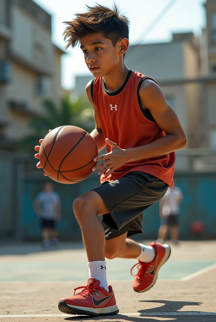 ultra realistic teen age boy playing basketball

