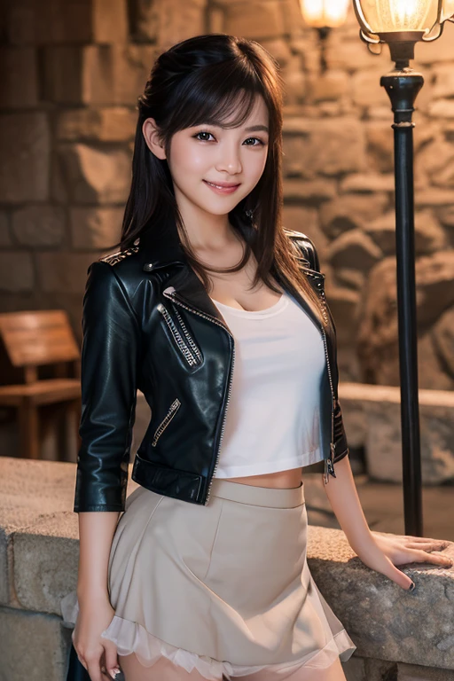 highest quality, masterpiece, Ultra-high resolution, realistic:1.3, solo, ((Clear Face)), ((cowboy shot)), (Glowing skin), (looking at viewer:1.3), (big busts:1.3), (sitting on chair), spread legs, leaning forward, leather jacket, shirt, leather skirt, long hair, smile
