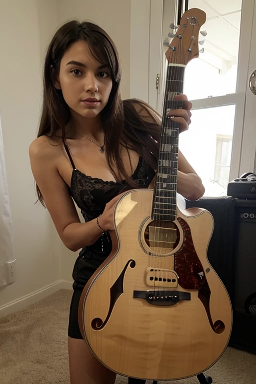 ((best quality)), ((masterpiece)), (detailed), perfect face, Design a pixel art animation of a versatile rocker female with a diverse range of musical talents. Her mastery of various instruments and her ability to adapt to different genres make her a true artist. Use a jam session or a recording studio as the backdrop