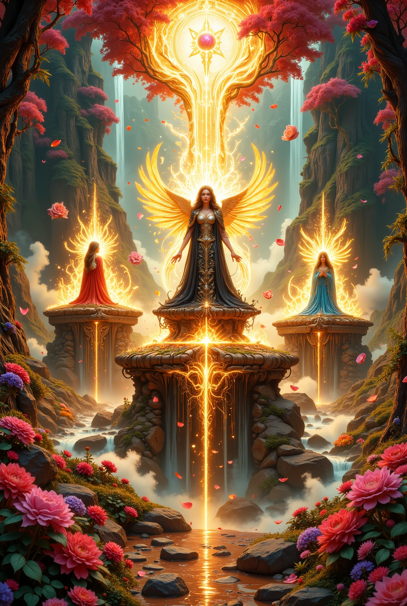 The space resembles the Garden of Eden, intertwined with the astral world. The air is filled with the scents of roses, of jasmine and exotic fruits, and under their feet is velvety grass, covered with flower petals of all shades: take, golden , purple. Above their heads is the sky of molten amber, where the sun's rays penetrate through the crown giant trees, , enveloping everything in golden pink glow. mountains can be seen in the distance, as if carved made of opal, and waterfalls, flowing like liquid crystal.
Each goddess sits on her own pedestal, made of, reflecting its essence:
The first is on a column of white marble, encrusted with diamonds, pattern emphasizing her purity and power.
The second is on a black obsidian altar with gold hieroglyphs, radiating warmth, like living fire.
The third is on a platform made of translucent sapphire, inside which stars, as if she rules the night sky.
Their pedestals are shrouded in a soft golden glow, as if a drop of divine flame.
The Goddess of Passion is dressed in a red silk dress, embroidered with golden dragons. The fabric fits the body, like second skin , and a phoenix feather cloak opens on the back.
The Goddess of Mystery is dressed in a translucent black robe with a silver web of patterns. material Her face is hidden by a half mask, decorated with amethysts, but the eyes are burning with purple fire.
The Goddess of Life wears a tunic made of fresh flowers — roses, orchids, lotuses — woven into a dynamic, that changes before your eyes, exuding the aroma of spring.
Details and magic:
Rose petals swirl in the air, leaving behind a trail of gold dust. Some fall on the shoulders of goddesses, others dance to the beat of their breath.
The skin of the goddesses shines, as if covered with dew made of liquid diamonds. Their hair is cascades of gold, of a raven's wing or fiery red waves is burning inside each one — picked up by the wind, which whispers celebrates ancient spells.
Symbols of their power float around them: a sphere with an enclosed galaxy, moonlight dagger, cup, filled with stardew, Best quality, 8k, difficult details, sneakers in detail,