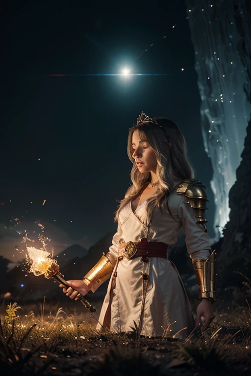 "Create a detailed description of Midjane, a magical character inspired by the universe of 'The Lord of the Rings' and 'Harry Potter'. She stands with a majestic posture, holding Harry Potter's iconic wand in her right hand. The end of the wand emits a brilliant light that illuminates her face and hands. With her left hand, Midjane holds the Lord of the Rings Ring, which shines with a magical radiance. Her long dark hair falls gracefully over her shoulders, and she is dressed in an elegant cloak adorned with green and silver details, a tribute to the Hogwarts houses. She is immersed in a magical setting, surrounded by ancient and majestic trees, under a starry sky that twinkles, creating an atmosphere of mystery and adventure. The look Midjane is determined, revealing her readiness to face great challenges and uncover epic secrets on her way."