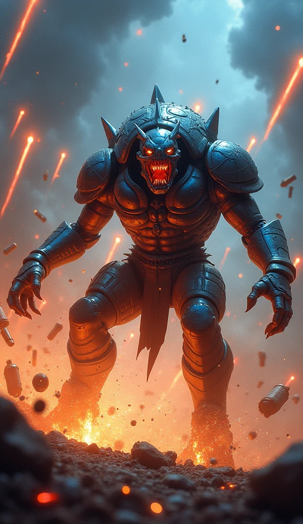 (Apocalyptic battlefield of the Demon God and Warcraft, blue and black lightning particles emitting around), 3D rendering, movie special effects, movie lighting, city in ruins, clear HD, 8K resolution, very detailed, digital painting, concept art, Shinkai Makoto style, pop popularization trend, pop, pop trend, pop trend on pixiv.