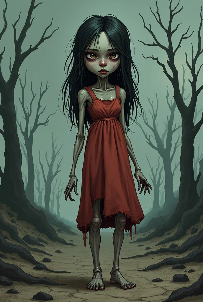 Young orc woman in Tim Burton-inspired forest full of wonders and peculiar creatures with anime eyes and Burtonesque charm. Orc woman has giant breasts and wears dirty linen dress, bone jewelry, forest, a blend of anime aesthetics and Burtonesque surrealism, fantasy art, (hand drawn with pencil:1.15), (tim burton style:1.27), fearsome smile, big fangs, big eyes, huge breasts, muscular body, green skin