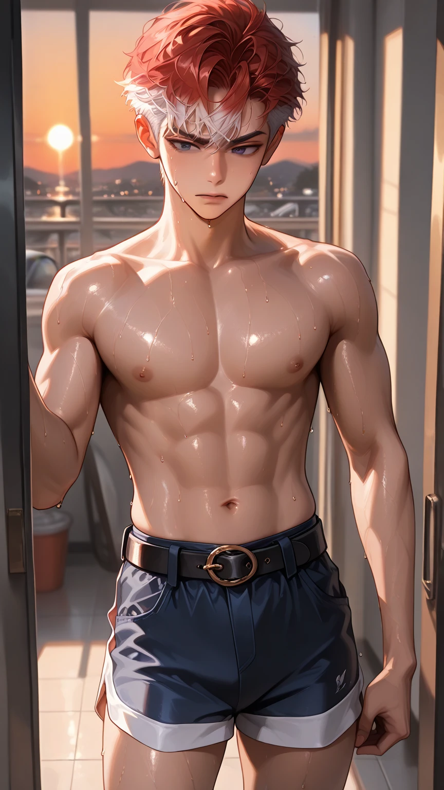 itadori_yuuji, pink hair, undercut, masterpiece, best quality, high quality, 1boy, solo, male focus, looking at viewer, upper body