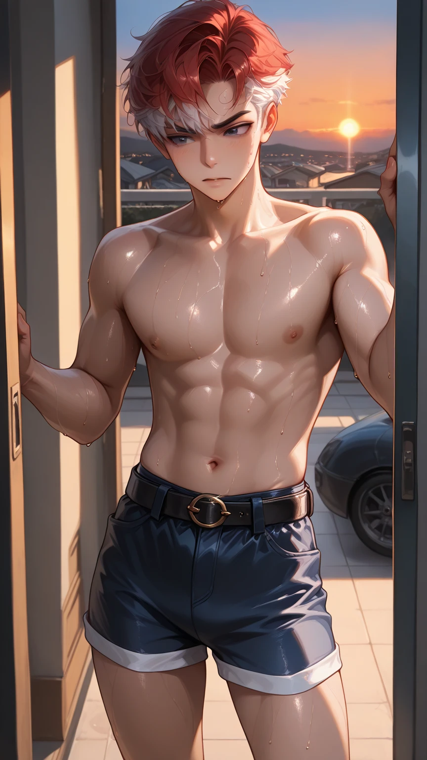 Russian boy.Thin body type,Emaciated figure,Slightly tone your abdominal muscles,Skin Radiance,(Three-dimensional crotch),(Large bulge in crotch),Bikini pants,Russian,Half kneeling on the ground,Slum garbage dump background,beggar,Soaking wet,sweating