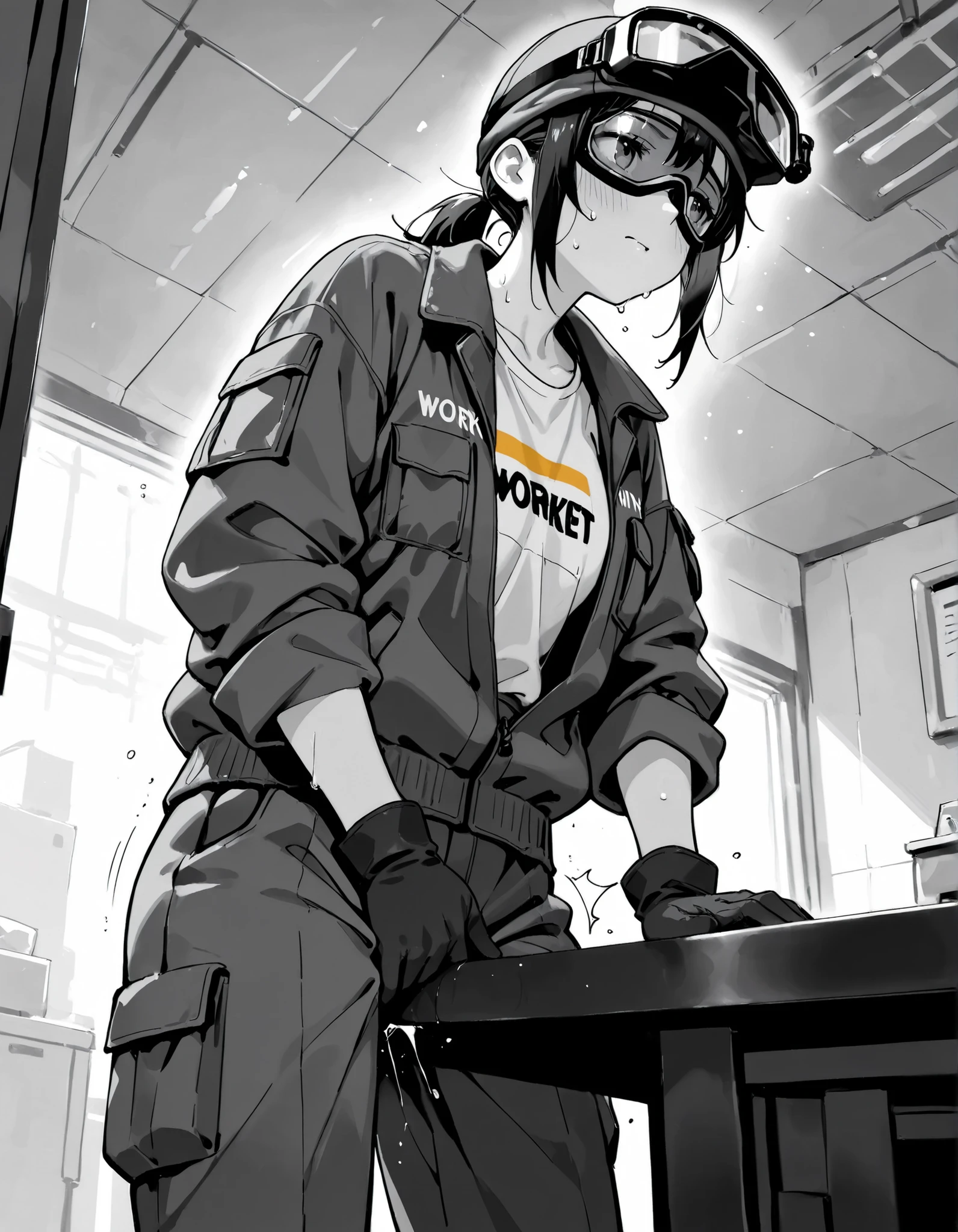 gray scale, Looking away, high-detail, inside factory, Female worker is across a table, Working in front of the machine, Thick work jacket and trousers of any color, wearing a navy blue sports cap, gloves, Protective Goggles are hanging on their eyes, Sweat all over the body, Opening the chest of the jacket, T-shirts of any color, standing, (((grinding her crotch against a corner of a low table))), angle from below, lean forward,