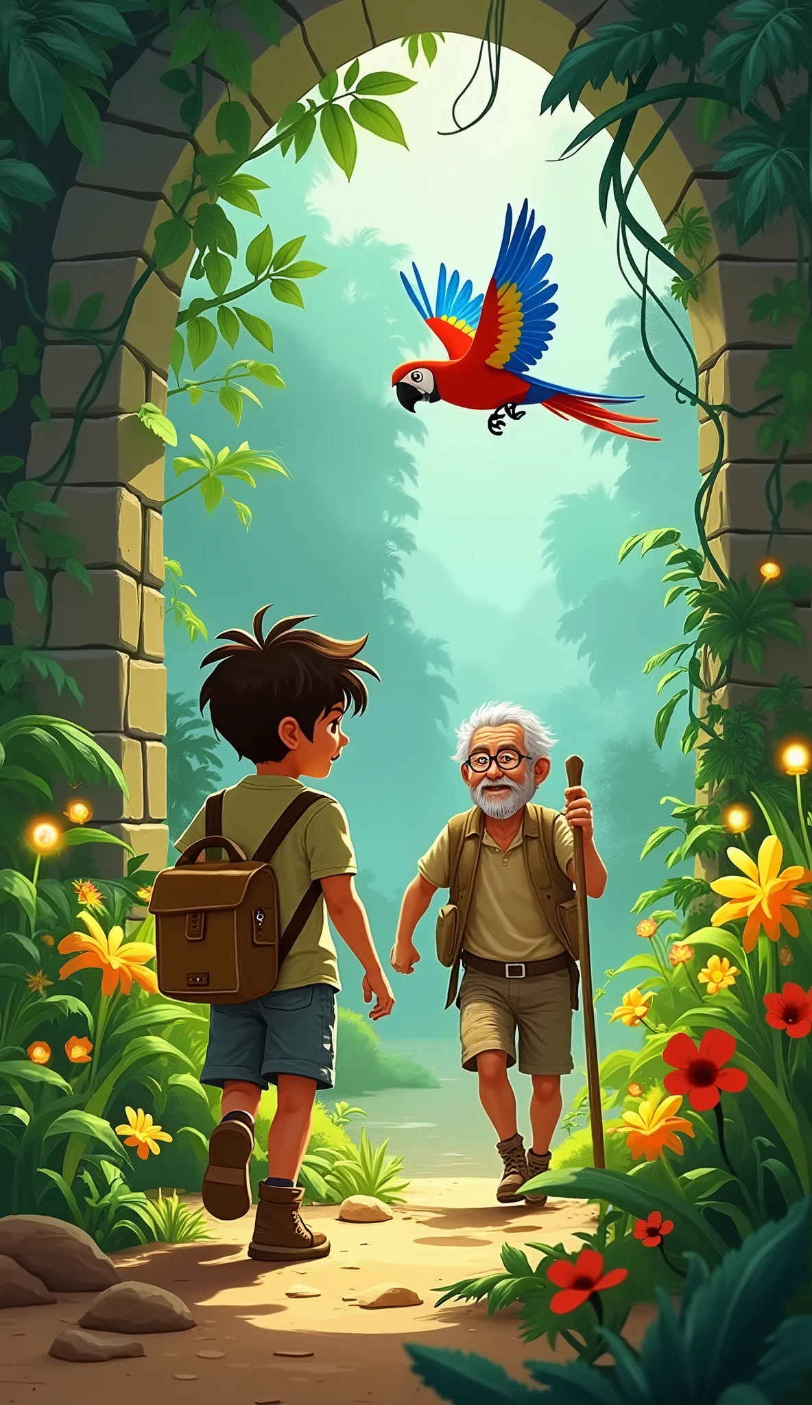 A  Latino boy named Leo Ramirez  has tan skin, tousled dark brown hair, and hazel eyes. He wears a short-sleeved cargo shirt, rugged shorts, hiking boots, and a canvas satchel across his chest. Pico ,a vibrant red, blue, and yellow macaw. A hidden jungle garden blooming with glowing flowers, ancient stone arches, and vines. Leo runs toward Grandpa Rafael, an elderly man with warm brown skin, silver hair, kind eyes, and a travel-worn jacket.  Grandpa holds a staff with a carved animal symbol on top. Pico ,a vibrant red, blue, and yellow macaw, circles above in joy. Fantasy illustration style, high quality, high contrast.

