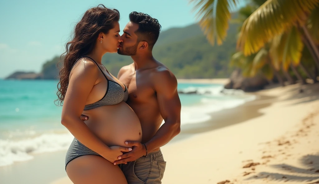 A naked overweight black man hugged a white pregnant woman with brown hair at a crowded beach party