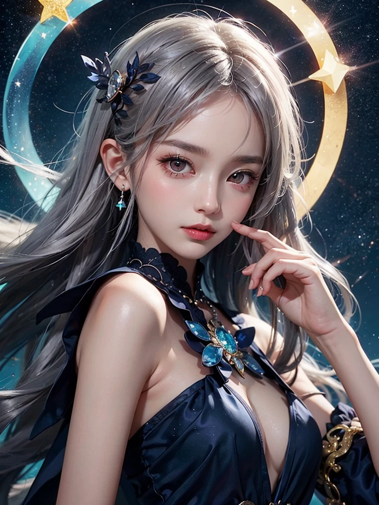 Realistis，tmasterpiece，Best quality at best，best qualtiy，超高分辨率，（Realiy感），（Detailed eyes：1.4），（Realiy，Realiy感：1.4），Perfect lighting，（full bodyesbian）、Anime girl with white hair and blue eyes holding glowing ball, Beautiful celestial mage, huge tit：1.5，Pale and Lustrous Skin，Onmyoji detailed art, Keqing from Genshin Impact, epic mage girl character, Ayaka Genshin impact, portrait of a female mage, Kushatt Krenz Key Art Women, white-haired god, astral witch clothes, beautiful female witch